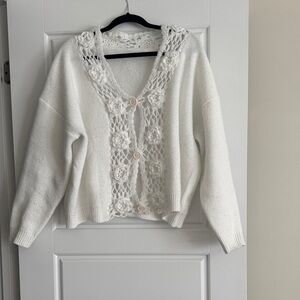 Cute White Crochet-Trim Button Cardigan Sweater